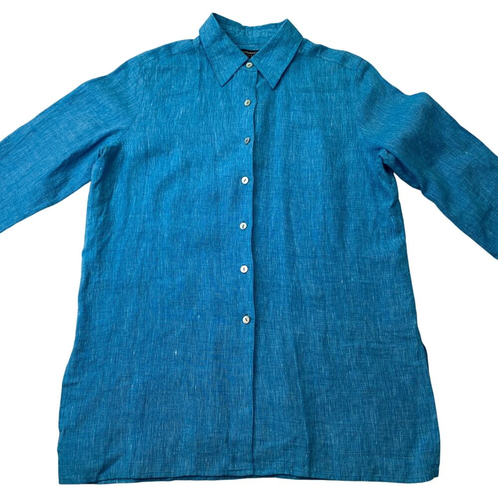 Liz Claiborne Collection Womens Sz 4 Blue 100% Linen Long Sleeve Button Up Shirt
